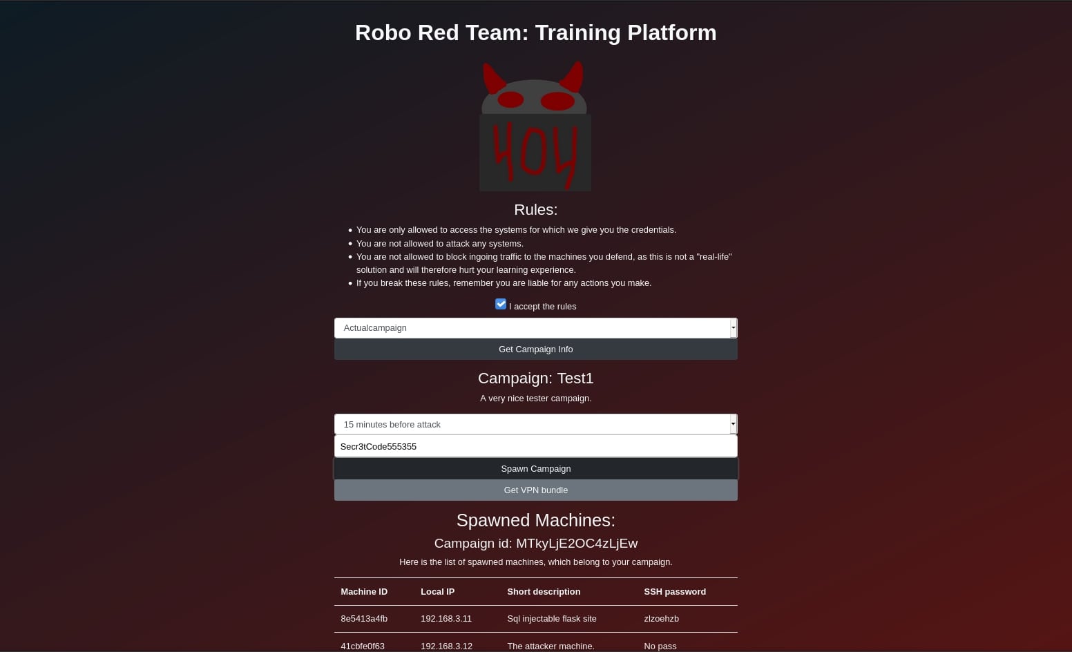 Sceenshot of the website for the Robo Red Team Training platform.